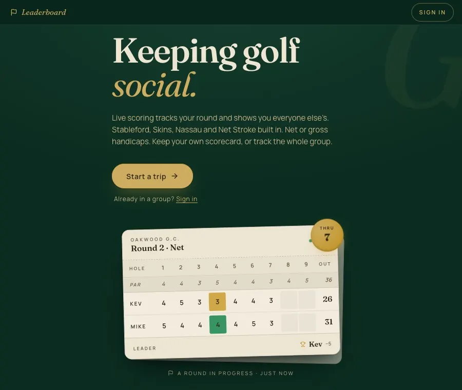 Card Caddie home page with a live golf scorecard