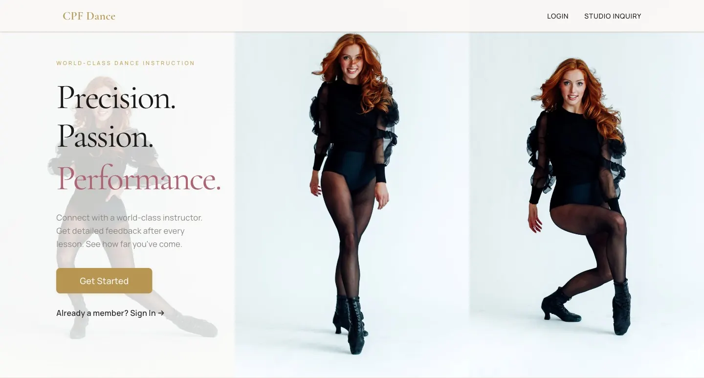 CPF Dance home page with photos of a dancer
