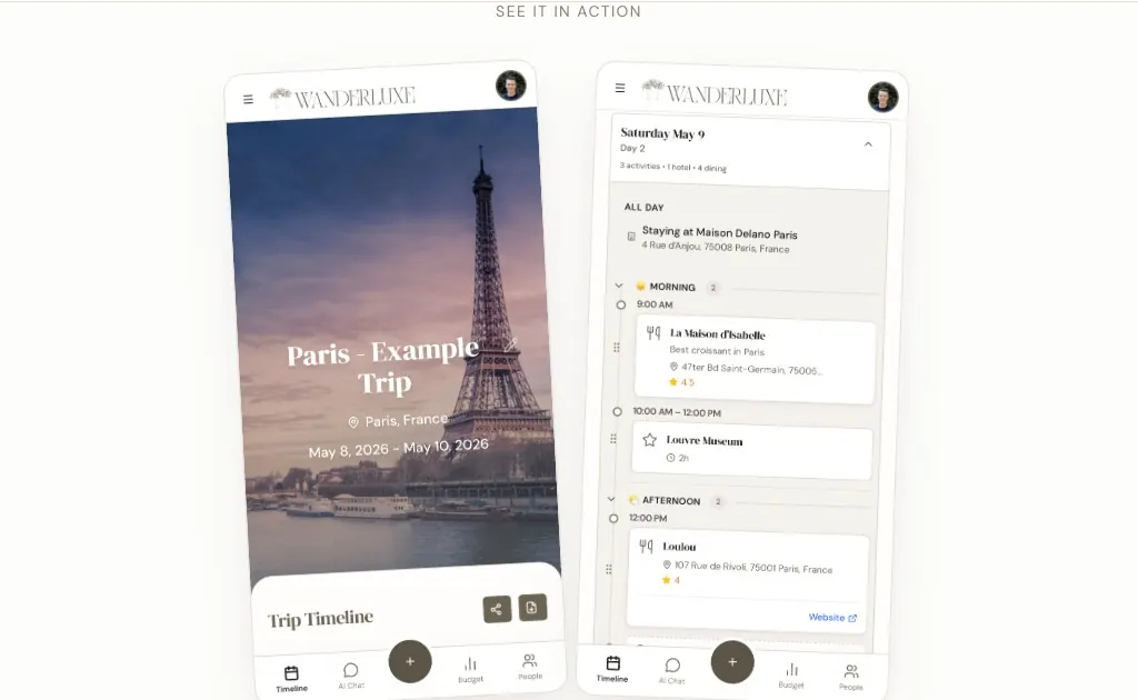 WanderLuxe on two phones: a Paris trip cover and its day-by-day timeline